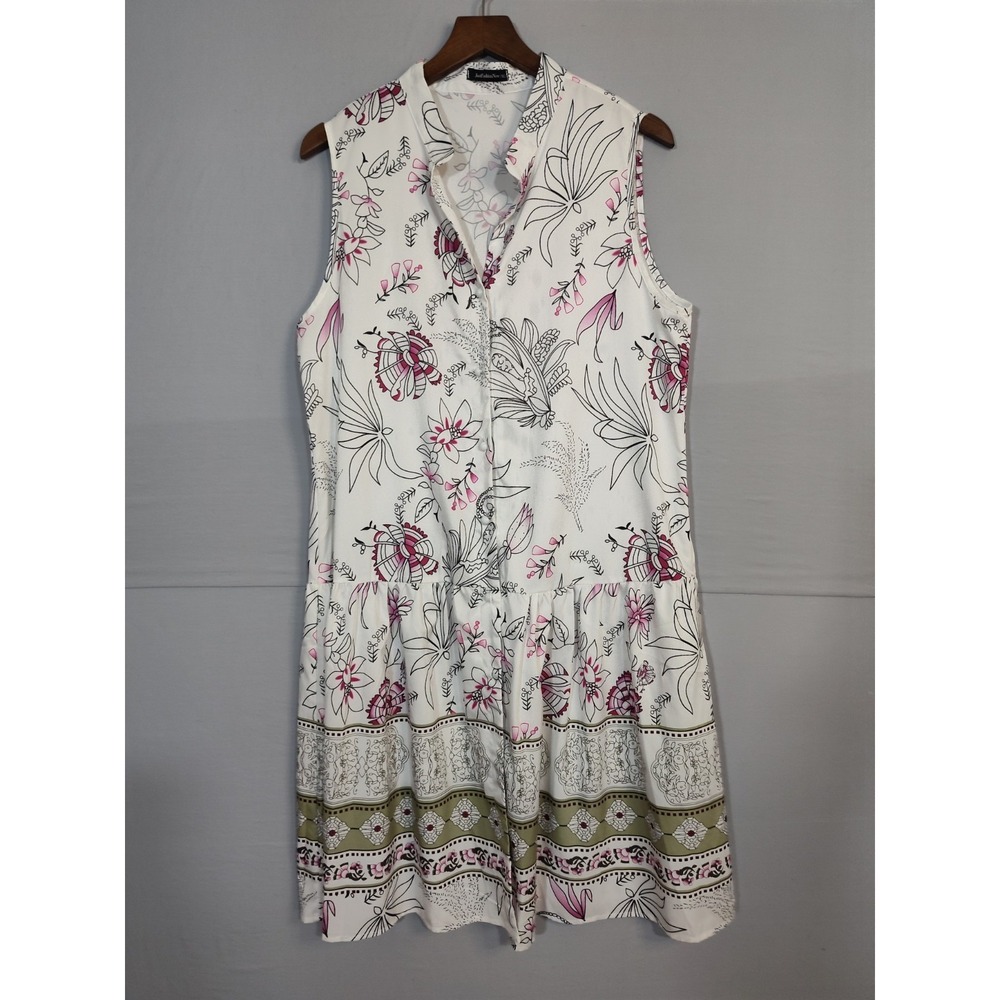 JustFashionNow Floral Sleeveless‎ Drop Waist Button Front Dress XL White Pink
